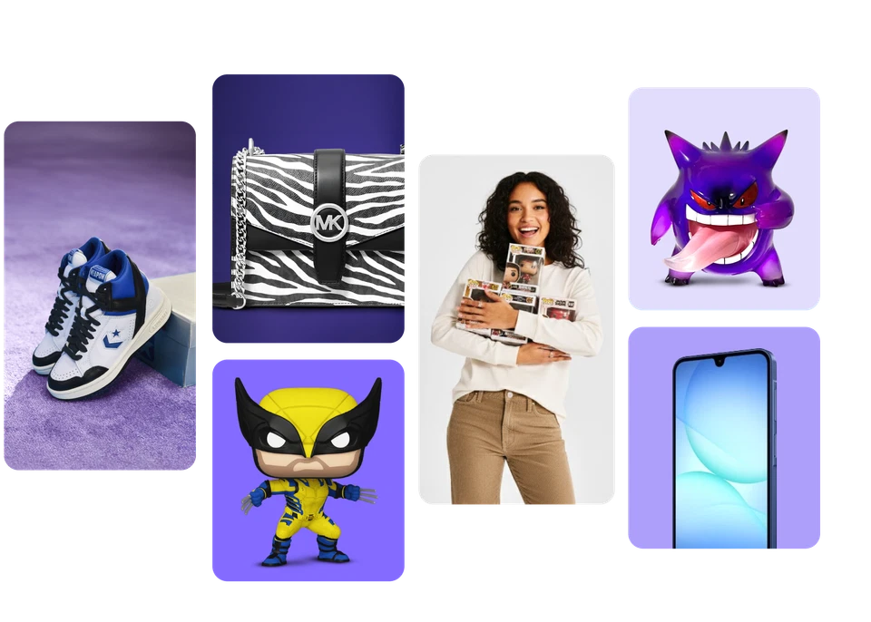 Coleção de produtos internacionais — tênis, bolsa, smartphone, Funkos